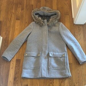 Gray Hooded Coat with Faux Fur Trim